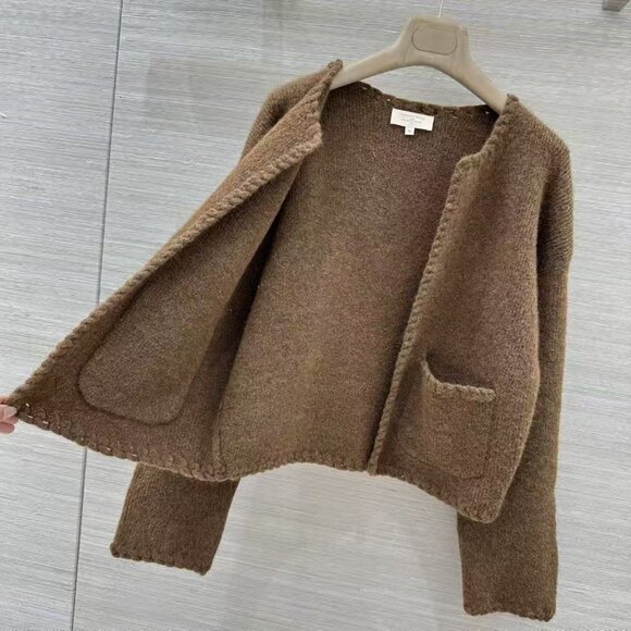 Sezane  Brown Knitted Long Sleeve Whipstitch Cardigan - Picture 7 of 9